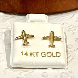 Solid Yellow Gold 14 Karat Plane. Airplane  10x10 Earring